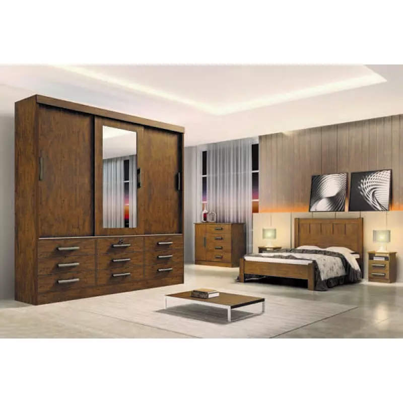 Guarda Roupa Casal com Espelho 3 Portas 9 Gavetas - Meridian