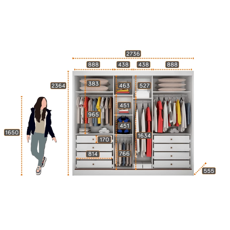 Guarda Roupa Casal com Espelho 3 Portas 8 Gavetas - Logan - Móveis